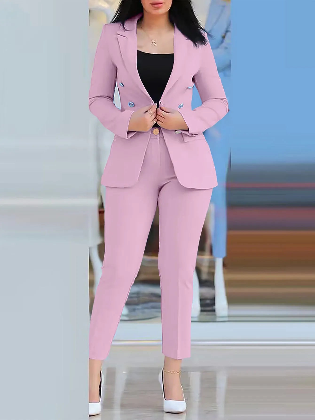 Women’s 2-Piece Autumn Office Suit Set – Notched Collar Blazer & High-Waist Tailored Pants