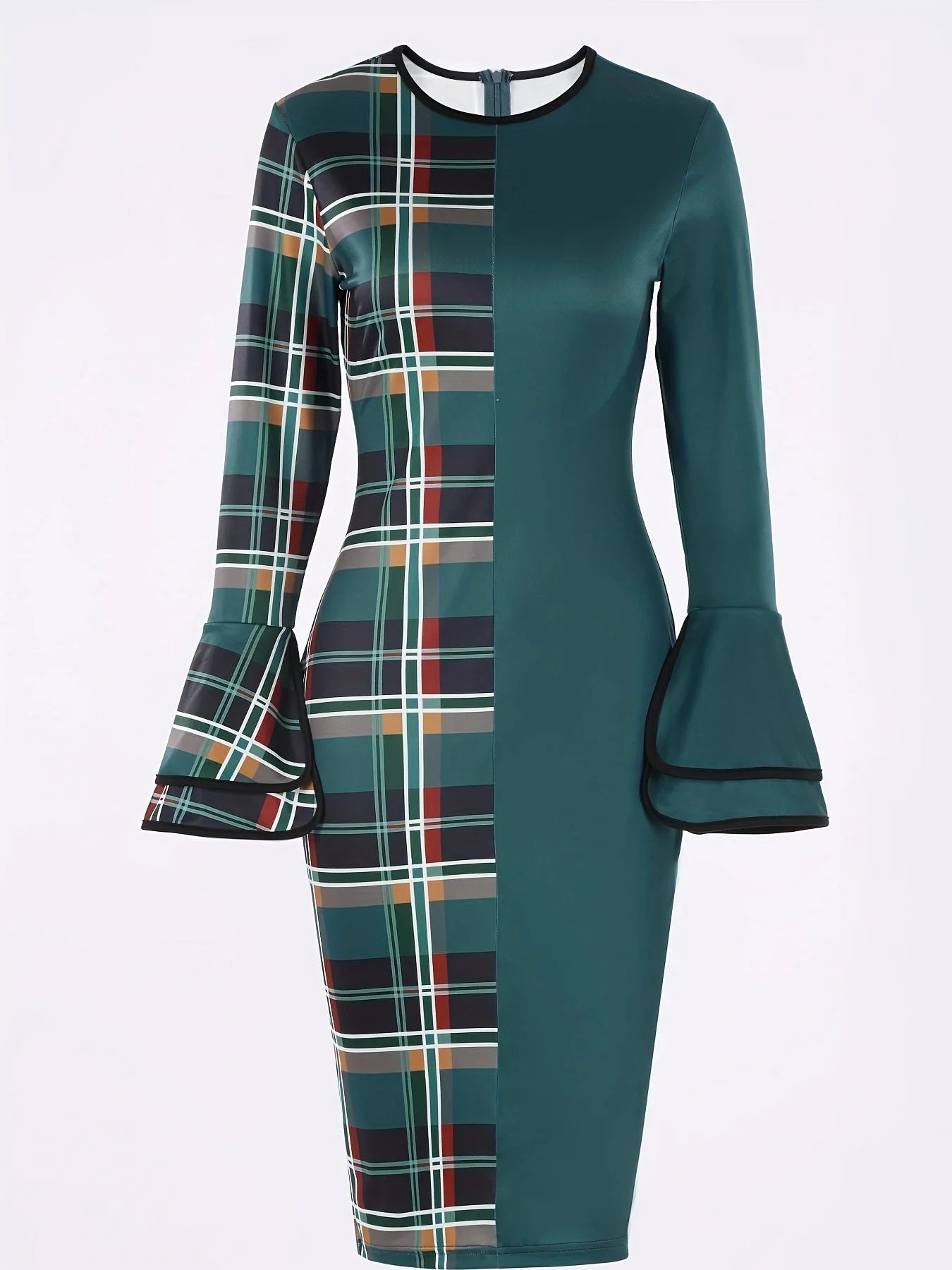 "Women's Green Plaid Dress – Fitted Cut, Round Neck, Patchwork Style"