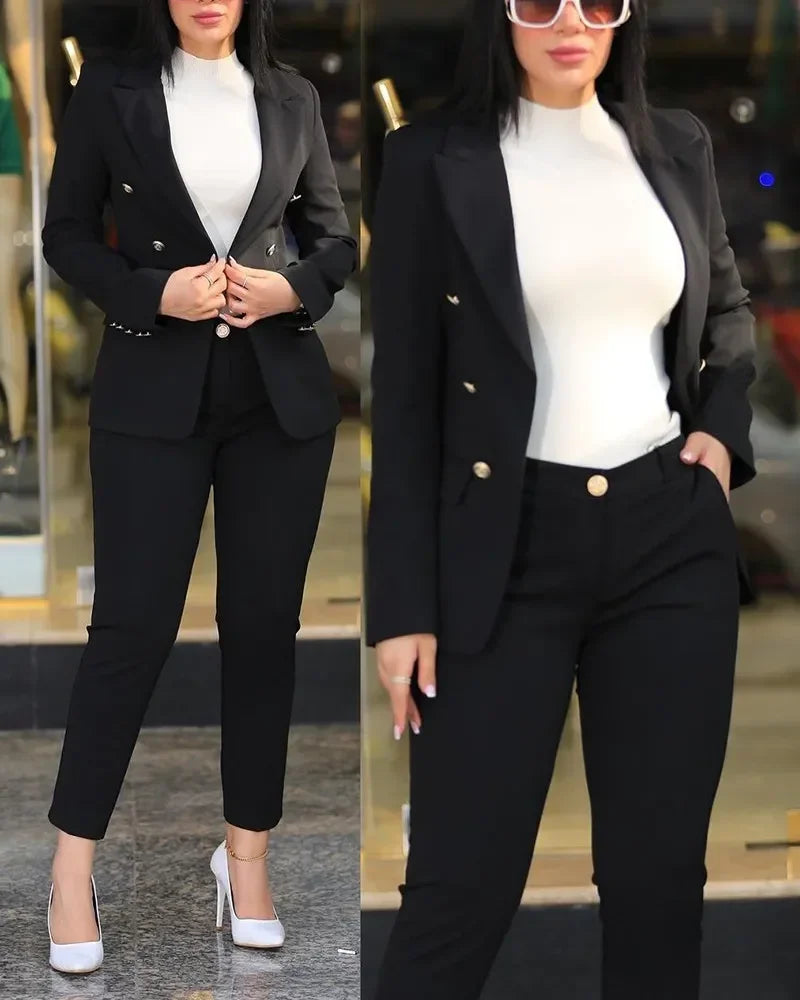Women’s 2-Piece Autumn Office Suit Set – Notched Collar Blazer & High-Waist Tailored Pants