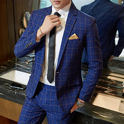 Men’s Fashion Plaid Suit – Slim Fit Blazer and Pants for Business, Wedding & Banquet