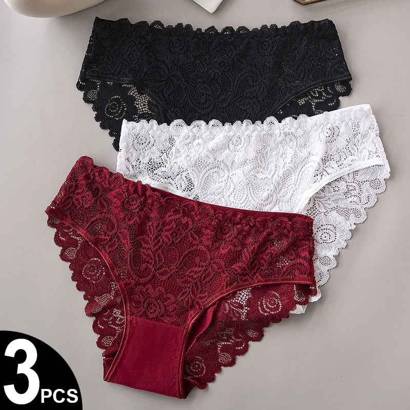 .3-Piece Women’s Floral Lace Briefs Set – Breathable Sexy Embroidered Underwear