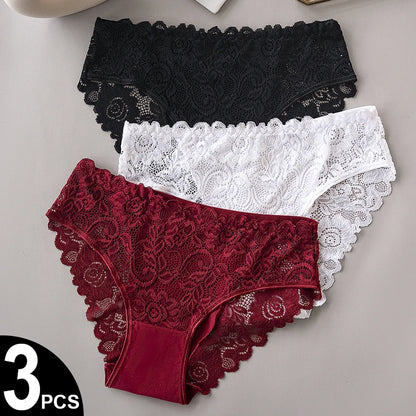 .3-Piece Women’s Floral Lace Briefs Set – Breathable Sexy Embroidered Underwear