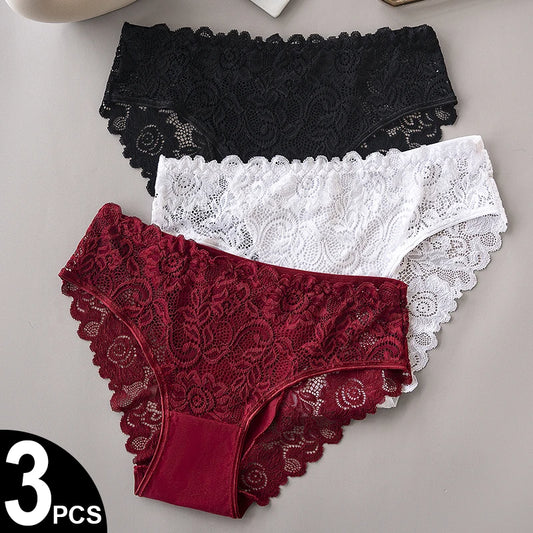 .3-Piece Women’s Floral Lace Briefs Set – Breathable Sexy Embroidered Underwear