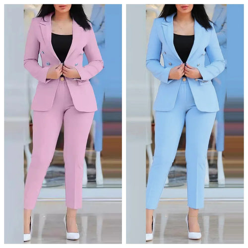 Women’s 2-Piece Autumn Office Suit Set – Notched Collar Blazer & High-Waist Tailored Pants