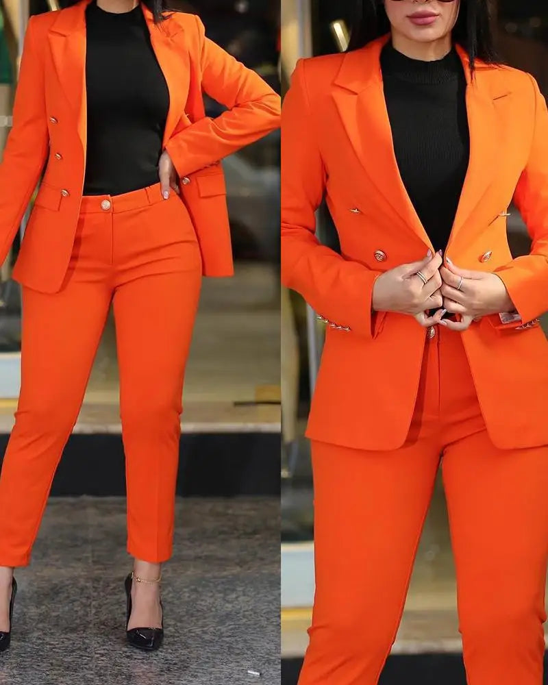 Women’s 2-Piece Autumn Office Suit Set – Notched Collar Blazer & High-Waist Tailored Pants
