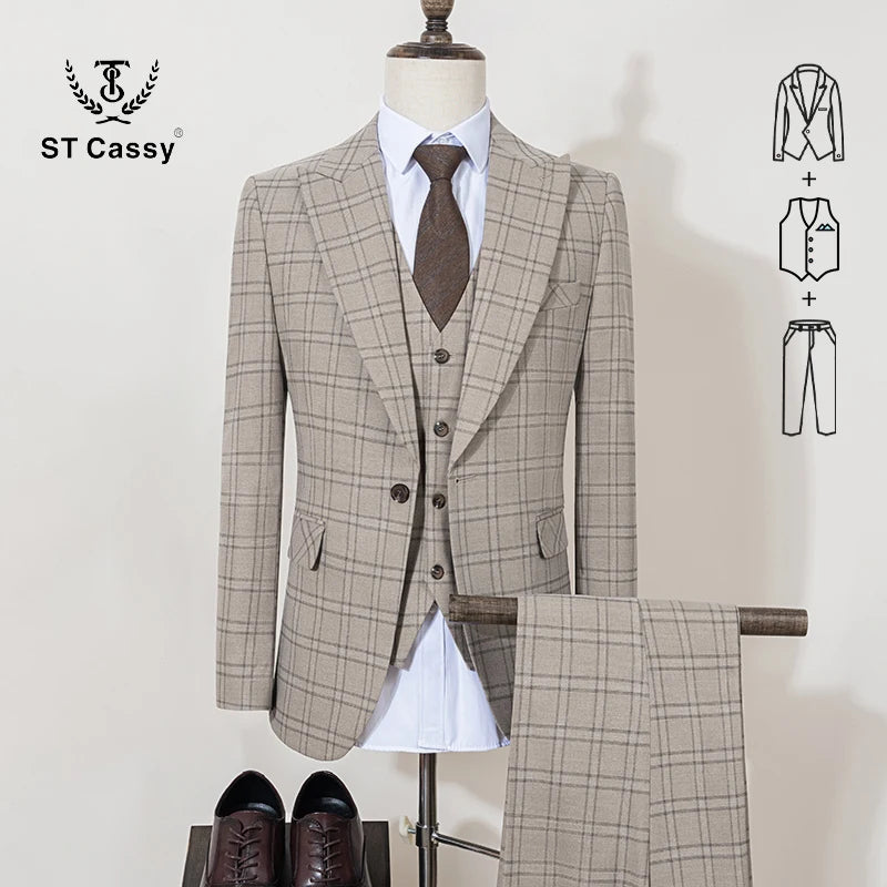 ST Cassy Men’s Fashion Plaid Suit – Elegant Business Office & Evening Suit