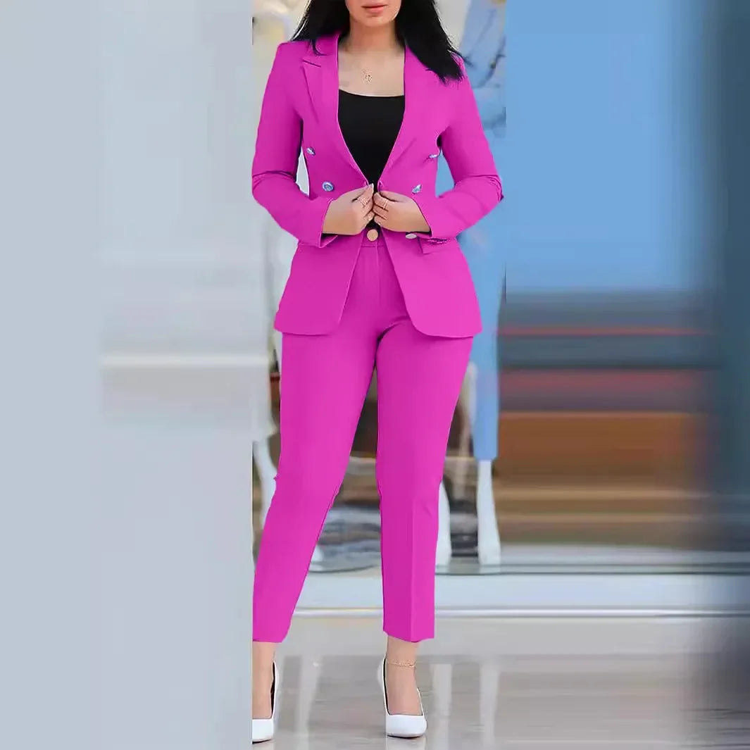 Women’s 2-Piece Autumn Office Suit Set – Notched Collar Blazer & High-Waist Tailored Pants
