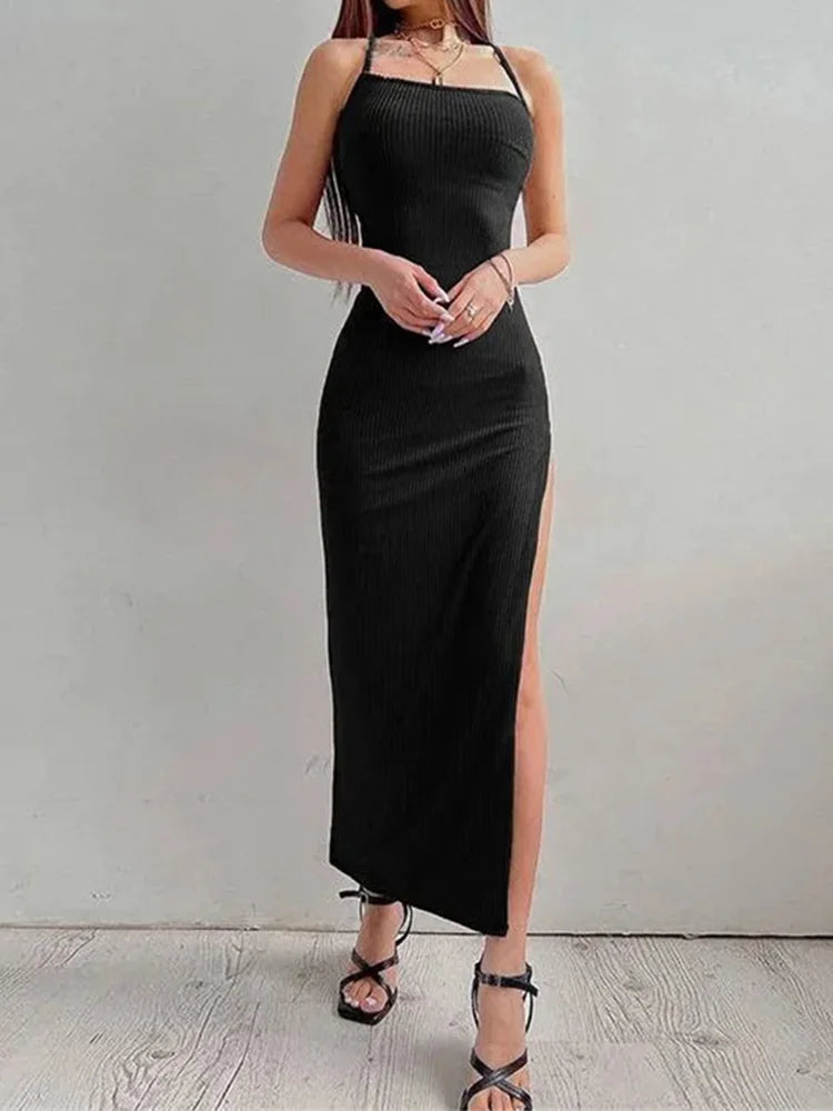 Women’s Summer Sexy Black Bodycon Dress – Sleeveless Halter Neck High Split Maxi