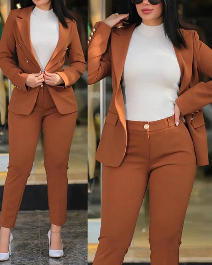 Women’s 2-Piece Autumn Office Suit Set – Notched Collar Blazer & High-Waist Tailored Pants