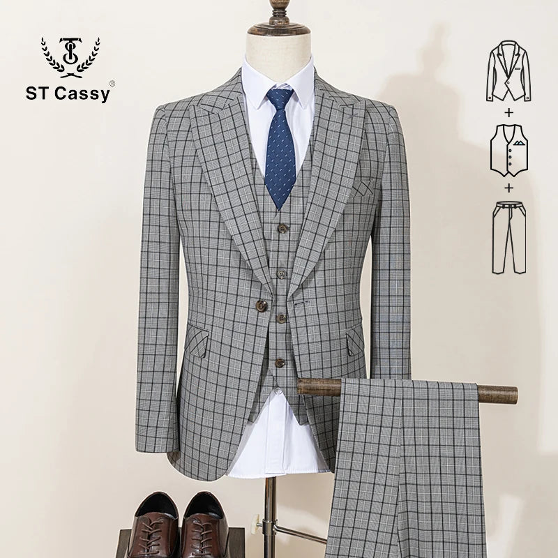 ST Cassy Men’s Fashion Plaid Suit – Elegant Business Office & Evening Suit