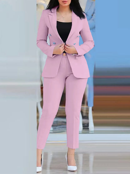 Women’s 2-Piece Autumn Office Suit Set – Notched Collar Blazer & High-Waist Tailored Pants