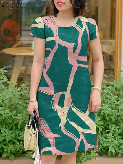 Women’s Elegant Printed Sundress – O-Neck Short Sleeve Knee-Length Summer Dress