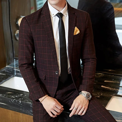 Men’s Fashion Plaid Suit – Slim Fit Blazer and Pants for Business, Wedding & Banquet