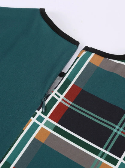 "Women's Green Plaid Dress – Fitted Cut, Round Neck, Patchwork Style"