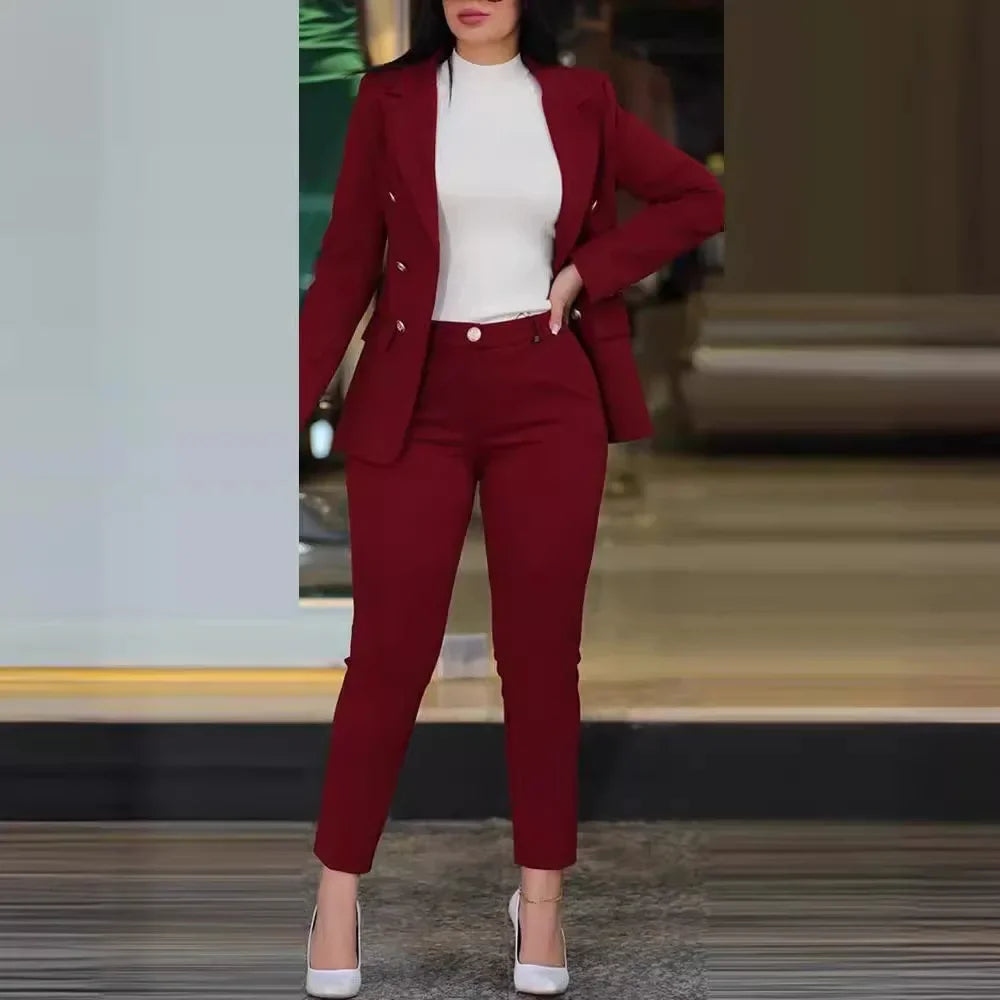 Women’s 2-Piece Autumn Office Suit Set – Notched Collar Blazer & High-Waist Tailored Pants