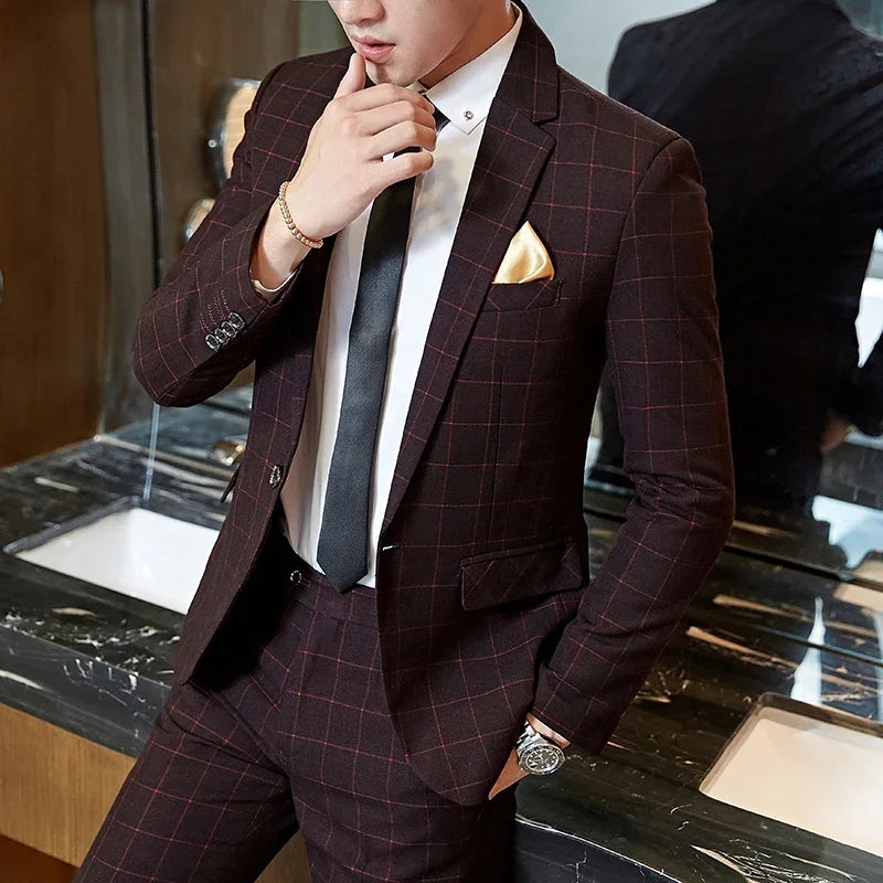 Men’s Fashion Plaid Suit – Slim Fit Blazer and Pants for Business, Wedding & Banquet