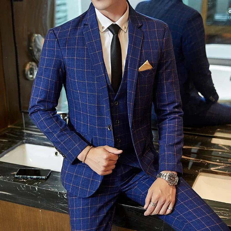 Men’s Fashion Plaid Suit – Slim Fit Blazer and Pants for Business, Wedding & Banquet