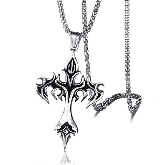 Stainless Steel Necklace Flame Retro Cross Titanium Steel Casting Men Pendant Necklace Type